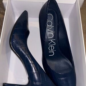 Calvin Klein Dark Navy Croc-Embossed Pointed Pumps